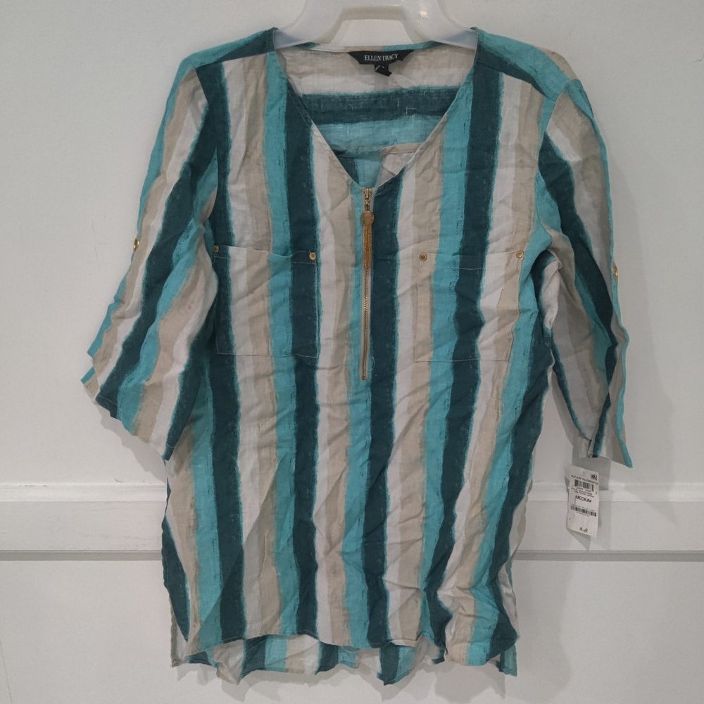 NWoT Ellen Tracy Women's 3/4 Sleeve V Neck Striped Tunic Top Size M $80 2A135